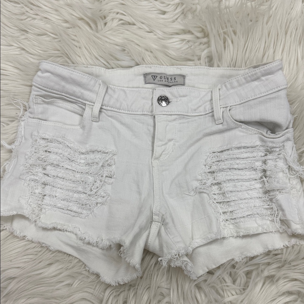 Guess White Low Rise Frayed Jean Shorts